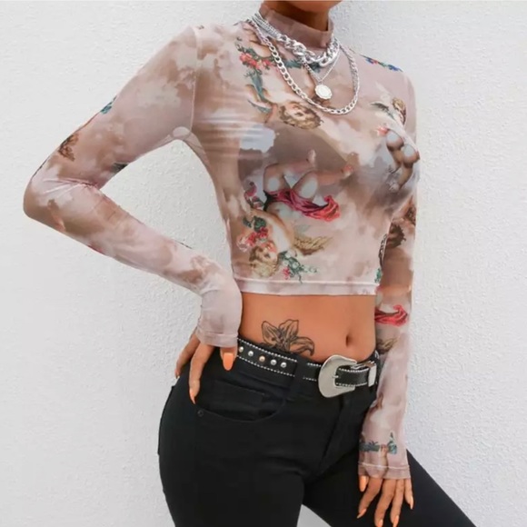 Floral Cherub Long Sleeve Crop Top ~ Brand New - Picture 9 of 10